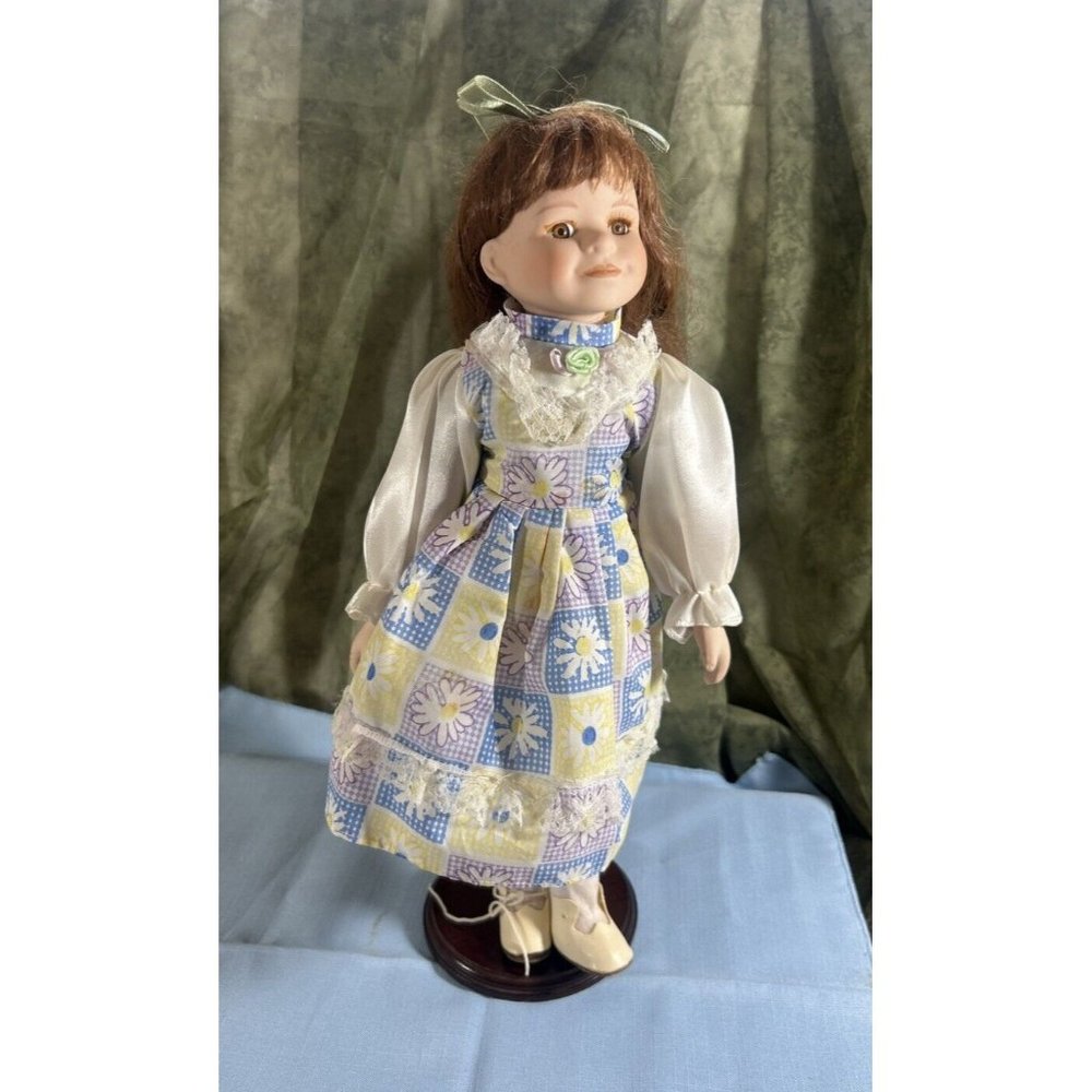 Porcelain Little Girl Doll Brown Eyes 15” Floral Color Blok Dress Shoes Brunette